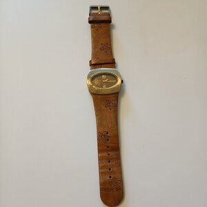 Decree Women's Gold Tone Case Brown Floral Embossed Band Quartz Watch